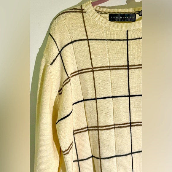 Oscar de la Renta Men's Cable Knit Plaid Cream Crewneck Sweater Size Large - Picture 2 of 9
